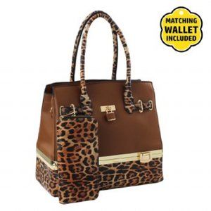 NEW Fashion Tote with Matching Wristlet- 2 Pc Set - Bottom Compartment - Brown